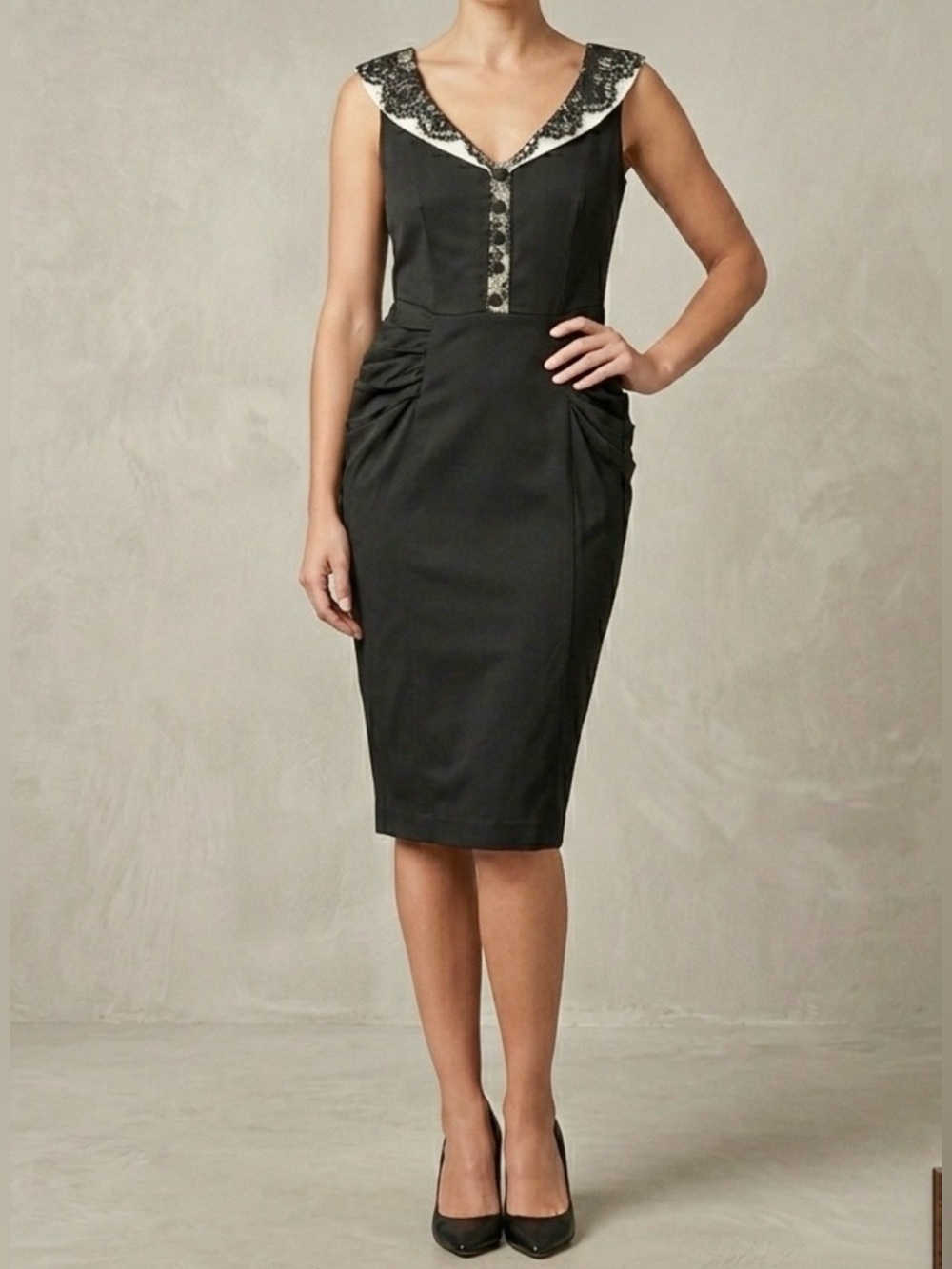 Vintage 100% Silk Betsey Johnson Black Midi Dress with Cream Lace Collar